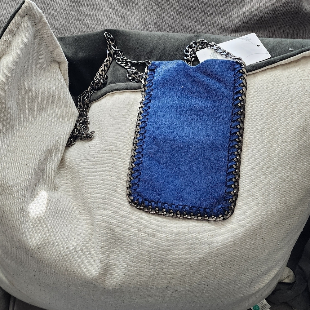 Blue Chain-Trim Suede Crossbody Phone Pouch